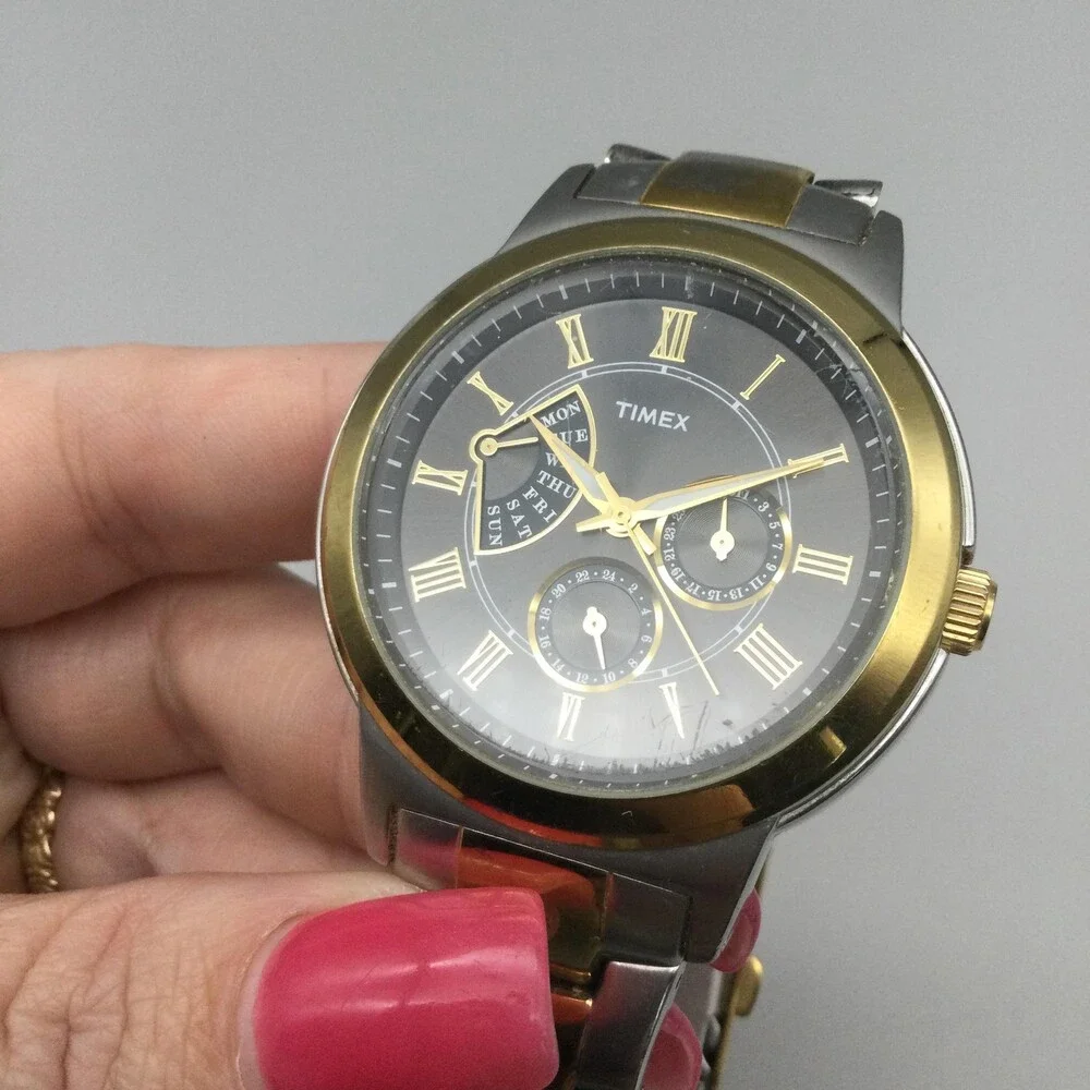 Timex Retrograde Mens Watch 43mm Black Dial Two Tone Day Date New Battery 8.25